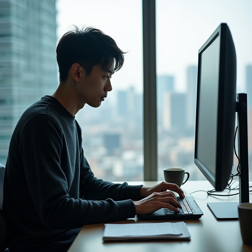 Freelancer concentrat la laptop în birou modern
